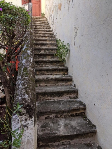 Old courtyard steps in Campeche, Mexico