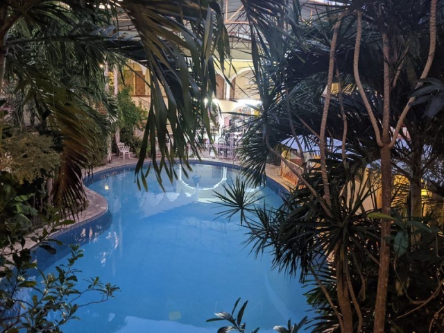 Courtyard with swimming pool at hotel in Valladolid, Mexico